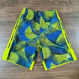 Adidas Activewear Boys 3 Stripes Neon Yellow & Blue Abstract Sport Shorts Size L